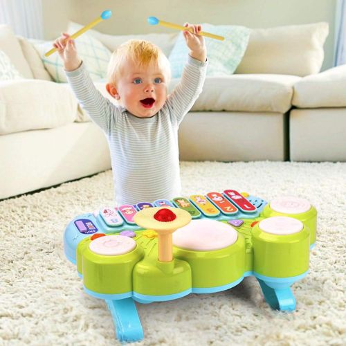  [아마존베스트]AugToy 3 in 1 Toddler Drum Set Piano Keyboard Xylophone Toys Montessori Musical Instrument Learning Developmental Light Up Toys for Kids Baby Infant Boys Girls Age 1 2 3 Years Old 12 18 M