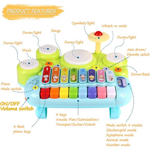  [아마존베스트]AugToy 3 in 1 Toddler Drum Set Piano Keyboard Xylophone Toys Montessori Musical Instrument Learning Developmental Light Up Toys for Kids Baby Infant Boys Girls Age 1 2 3 Years Old 12 18 M