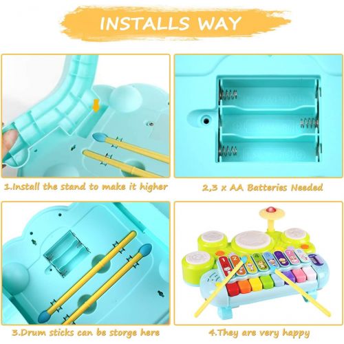  [아마존베스트]AugToy 3 in 1 Toddler Drum Set Piano Keyboard Xylophone Toys Montessori Musical Instrument Learning Developmental Light Up Toys for Kids Baby Infant Boys Girls Age 1 2 3 Years Old 12 18 M