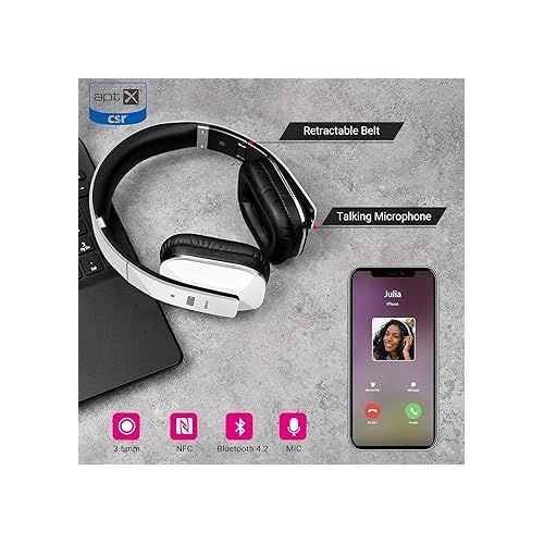  Over Ear Wireless Bluetooth Headphones with Mic - August EP650 - Custom App for Easy EQ Sound Control, aptX Low Latency, NFC, Rich Bass Clear Sound, 30 days Stand By High-Performance Comfort [White]