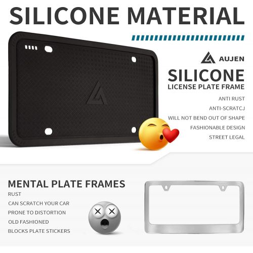  Aujen Silicone License Plate Frame, 2 PCS License Plate Holder, Universal American Auto Black License Plate Frame Rust-Proof, Rattle-Proof, Weather-Proof