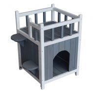 Aukfa Wooden Cat Pet Home with Balcony Pet House Small Dog Indoor Outdoor Shelter Gray & White