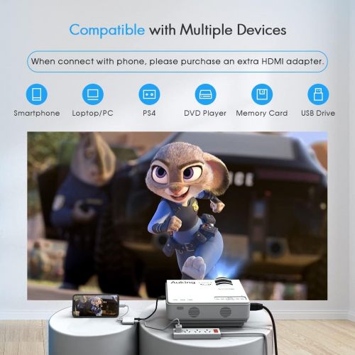  AuKing Mini Projector 2020 Upgraded Portable Video-Projector,55000 Hours Multimedia Home Theater Movie Projector,Compatible with Full HD 1080P HDMI,VGA,USB,AV,Laptop,Smartphone