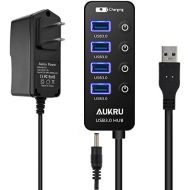 Aukru USB 3.0 Hub 4 ports Super Speed Data Transfer HUB with On Off Switch + 1 Charging Port with 5V 2A Powered Supply Adapter