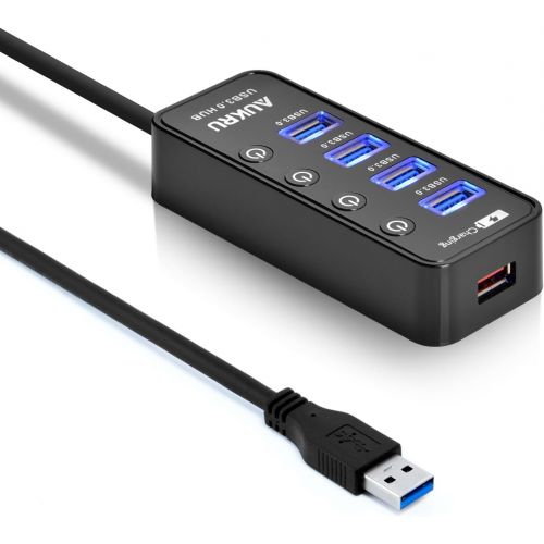  Aukru USB 3.0 Hub 4 ports Super Speed Data Transfer HUB with On Off Switch + 1 Charging Port with 5V 2A Powered Supply Adapter