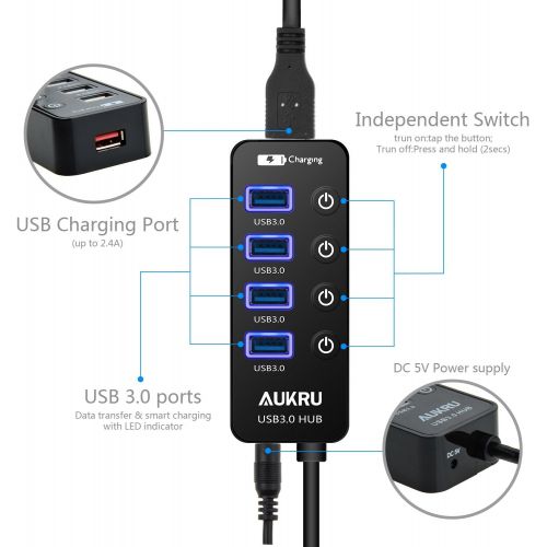  Aukru USB 3.0 Hub 4 ports Super Speed Data Transfer HUB with On Off Switch + 1 Charging Port with 5V 2A Powered Supply Adapter