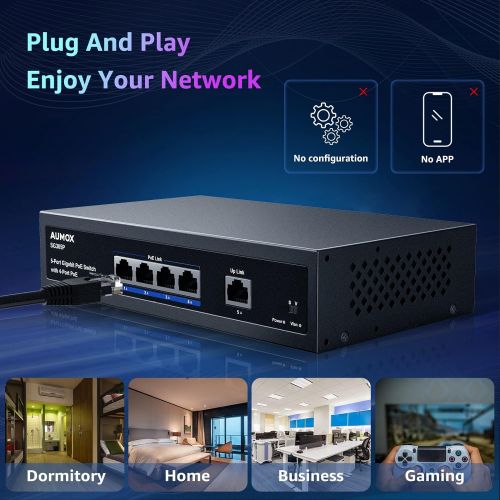  [아마존베스트]Aumox 5 Port Gigabit POE Switch, 4 Port POE 78W, Gigabit Ethernet Unmanaged Network Switch, Sturdy Metal Housing, Plug and Play, Traffic Optimization (SG305P)
