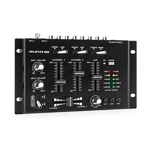  [아마존베스트]auna TMX-2211 MKII DJ Mixer Mixer, 3/2 Channel, 2 x 6.3 mm Mic-In, 2 x RCA Line with Phono Switch, RCA Auxin, Crossfader, Talkover Function, Headphone Output with Cue Function, Rac