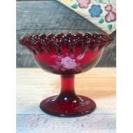 /AuntieQsVintage 1960s Fenton Ruby Red Handpainted Compote with Double Ruffle Edge, cabin decor, centerpiece, ruby red amberina