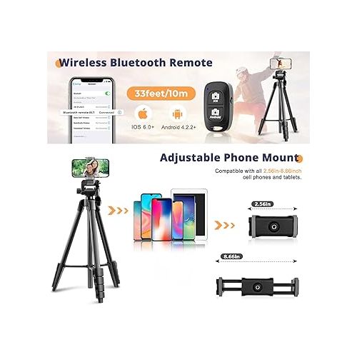  64” Phone&Tablet Tripod, Aureday Cell Phone Tripod for iPhone with Wireless Remote and Phone Holder, Extendable iPad Tripod Stand for Video Recording/Makeup/Live Streaming