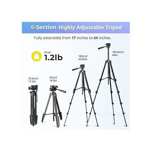  Aureday Phone Tripod Stand, 64” Extendable Cell Phone&Camera Tripod with Wireless Remote and Phone Holder, Aluminum iPad Tripod for Video Recording/Selfies/Live Stream/Vlogging Black