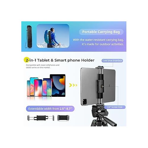  Aureday Phone Tripod Stand, 64” Extendable Cell Phone&Camera Tripod with Wireless Remote and Phone Holder, Aluminum iPad Tripod for Video Recording/Selfies/Live Stream/Vlogging Black