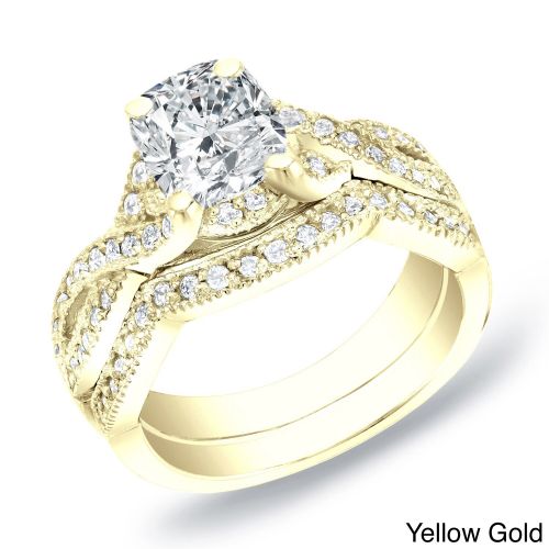  Auriya 14k Gold 1ct TDW Vintage Certified Cushion-Cut Diamond Engagement Ring Set by Auriya