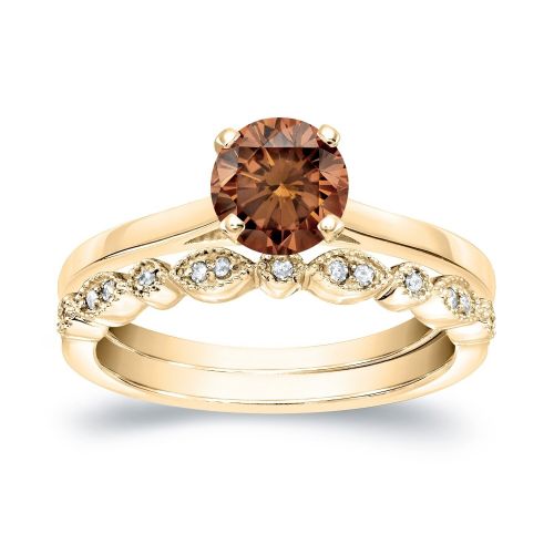  Auriya 14k Gold 34ct TDW Vintage-Inspired Brown Diamond Solitaire Engagement Ring Bridal Set by Auriya