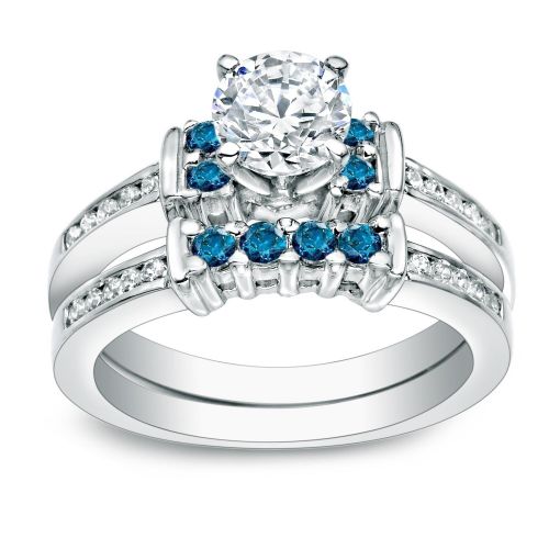  Auriya 14k Gold 1ct TDW Round Blue and White Diamond Engagement Ring Bridal Set by Auriya