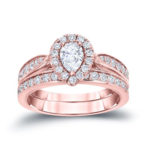  Auriya 14k 1ct TDW Pear Diamond Halo Bridal Ring Set (H-I, I1-I2) by Auriya