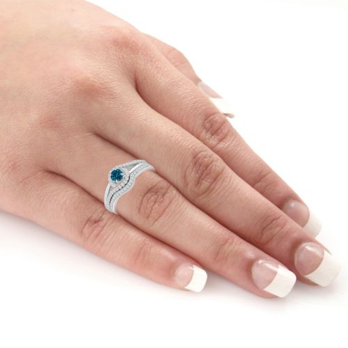  Auriya 14k Gold 12ct TDW Blue and White Diamond Swirl Halo Wedding Ring Set (Blue) by Auriya
