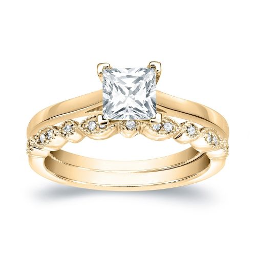  Auriya 14k Gold 1ct TDW Certified Princess-Cut Diamond Engagement Wedding Ring Set by Auriya