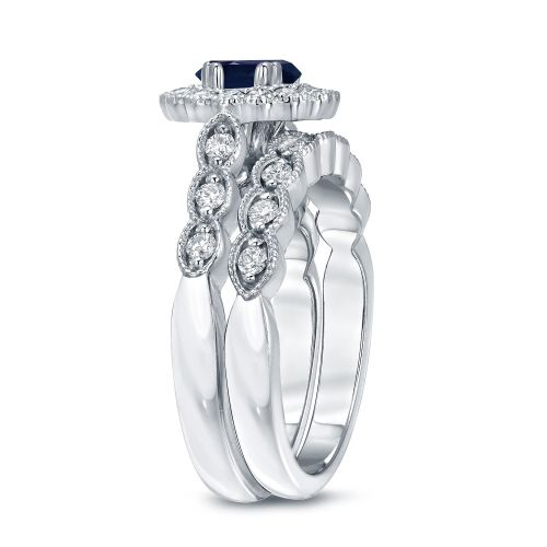  Auriya 14k Gold 1ct Oval Cut Blue Sapphire and 35ct TDW Diamond Halo Bridal Ring Set (H-I, SI1-SI2) by Auriya