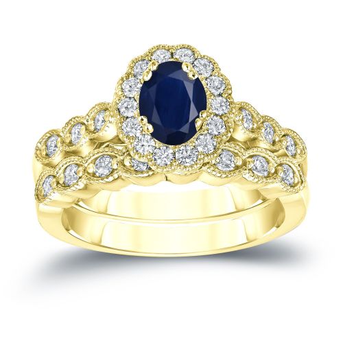  Auriya 14k Gold 1ct Oval Cut Blue Sapphire and 35ct TDW Diamond Halo Bridal Ring Set (H-I, SI1-SI2) by Auriya