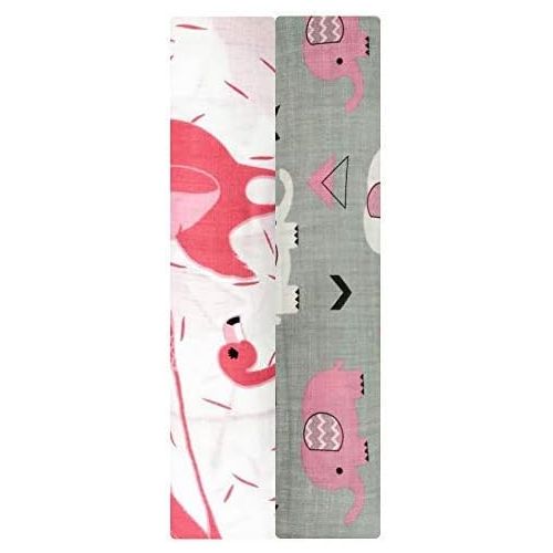  auroville. Muslin Swaddle Blankets - Soft Silky 100% Muslin Cotton Swaddle Blanket for Baby, Large 47 x 47 inches, Set of 2- Flemingo & Elephant Print in Pink & Grey Pattern