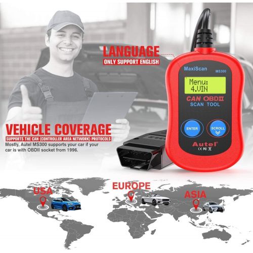  Autel MS300 Universal OBD2 Scanner Car Code Reader, Turn Off Check Engine Light, Read & Erase Fault Codes, Check Emission Monitor Status CAN Vehicles Diagnostic Scan Tool