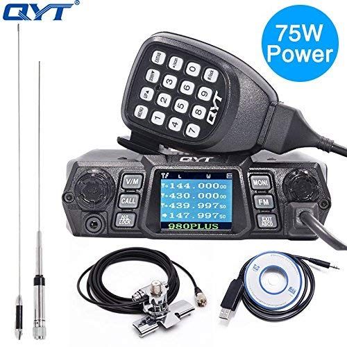  Authentic QYT KT-980 Plus Powerful 75W(VHF)/ 55W(UHF) Dual Band Quad Standby Mobile Amateur (Ham) Radio with Programming Cable & CD+Antenna Kits