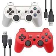 [아마존베스트]Autker PS3 Controller Wireless 2 Pack Playstation 3 Controller Double Vibration for PS3 with 2 Charging Cable (Silver+Red)