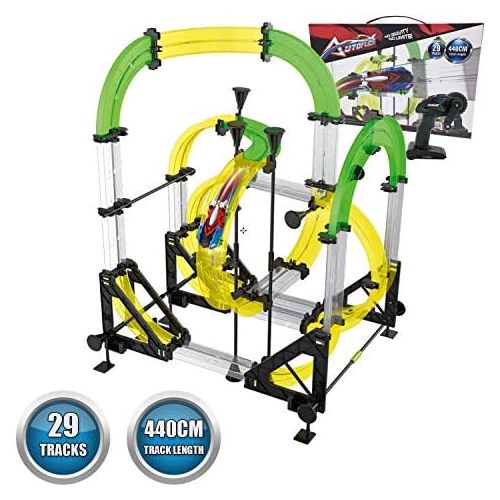  [아마존베스트]Autoflier Hand Rolling Slot Car Race Track Set, Patented Hand Cranked Remote Control Speed Booster, R/C Race Car Playset with Free Assembly Stunt Track for Kids Age 6+