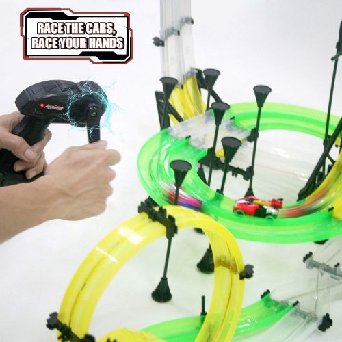  [아마존베스트]Autoflier Hand Rolling Slot Car Race Track Set, Patented Hand Cranked Remote Control Speed Booster, R/C Race Car Playset with Free Assembly Stunt Track for Kids Age 6+