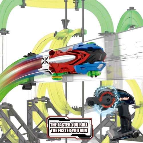  [아마존베스트]Autoflier Hand Rolling Slot Car Race Track Set, Patented Hand Cranked Remote Control Speed Booster, R/C Race Car Playset with Free Assembly Stunt Track for Kids Age 6+