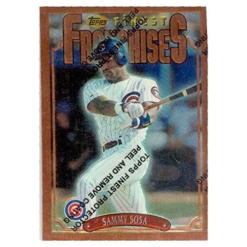  Autograph Warehouse Sammy Sosa baseball card (Chicago Cubs Slugger) 1996 Topps Finest Chrome #257 Franchises