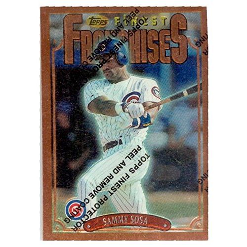  Autograph Warehouse Sammy Sosa baseball card (Chicago Cubs Slugger) 1996 Topps Finest Chrome #257 Franchises
