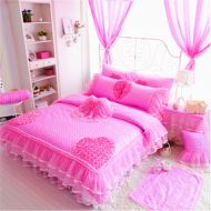 Auvoau Home Textile，Luxury Girls Pink Lace Ruffle Bedding Sets，Romantic Princess Wedding Bedding Set，Lace Girl Bedding Set， Girls Fairy Bedding Sets 7PC (Full, Pink)
