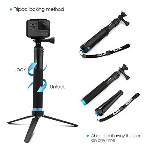  [아마존베스트]AuyKoo Telescopic Selfie Stick with Tripod Waterproof Aluminium Alloy Handheld Selfie Sticks for GoPro Hero 9 Black 8 7 6 5 Black GoPro Max Fusion Cameras Insta360 ONE R 4K DJI Poc