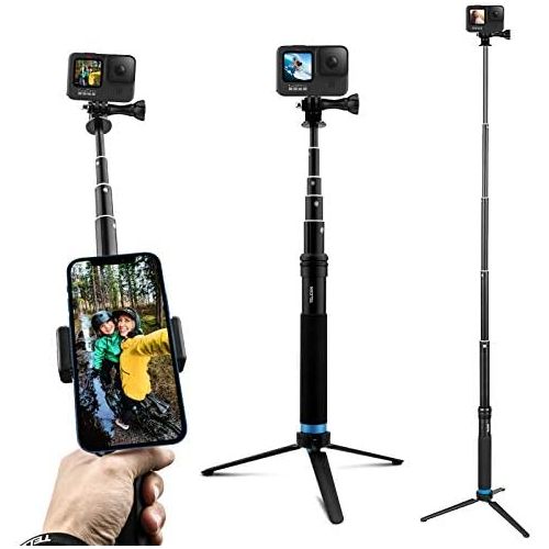  [아마존베스트]AuyKoo Telescopic Selfie Stick with Tripod Waterproof Aluminium Alloy Handheld Selfie Sticks for GoPro Hero 9 Black 8 7 6 5 Black GoPro Max Fusion Cameras Insta360 ONE R 4K DJI Poc