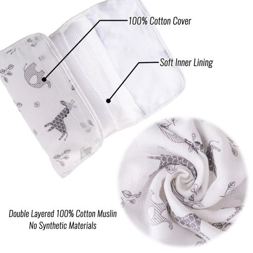  Ava & Kings 2-in-1 Baby Nursing Set - Dual Purpose Nursing Cover/Car Seat Canopy and Arm Pillow - Made w/ 100% Cotton Muslin | for Infant Girls & Boys, Unisex White Zoo Safari Anim