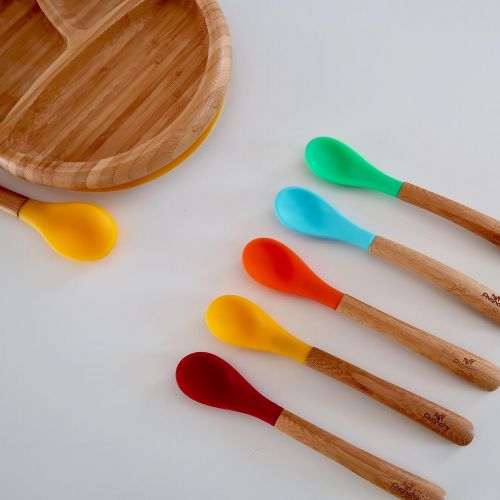  Avanchy Infant Feeding Spoons Set (5 Pack) - First Stage Bamboo Weaning Spoons with Soft Silicone Tips for...