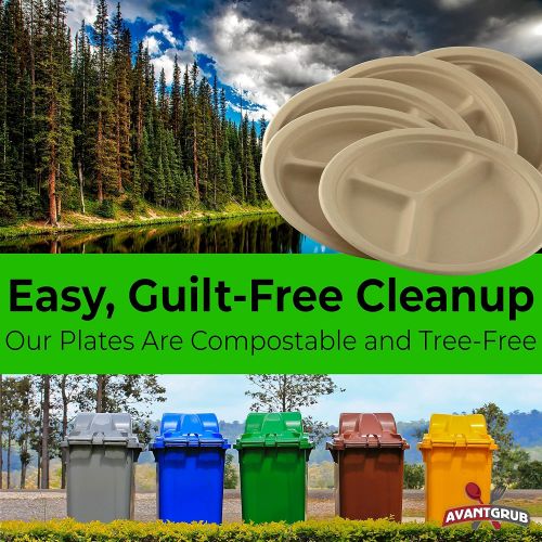  Avant Grub Restaurant-Grade, Biodegradable 9 Inch 3-Compartment Plates. Bulk 100 Pk. Great for Lunch and Dinner Parties. Disposable, Compostable Wheatstraw Divided Plates are Leakproof and Mi