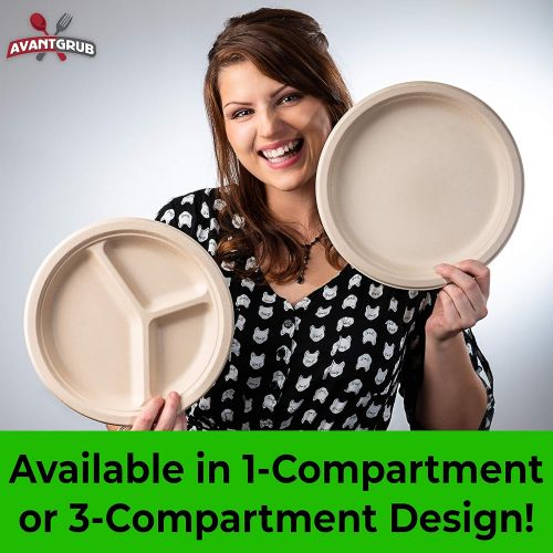  Avant Grub Restaurant-Grade, Biodegradable 9 Inch 3-Compartment Plates. Bulk 100 Pk. Great for Lunch and Dinner Parties. Disposable, Compostable Wheatstraw Divided Plates are Leakproof and Mi