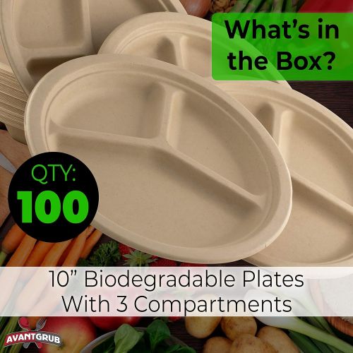  Avant Grub Restaurant-Grade, Biodegradable 10 Inch 3-Compartment Plates. Bulk 100 Pk. Great for Lunch and Dinner Parties. Disposable, Compostable Wheatstraw Divided Plates are Leakproof and M