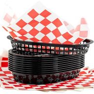 Avant Grub Retro Style Black Fast Food Basket (6 Pk) and Red Checkered Deli Liner (60 Pk) Combo. Classic 11 In Deli Baskets Are Microwavable and Dishwasher Safe. Disposable Deli Paper Squares