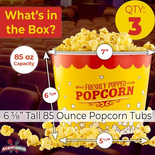  [아마존베스트]Avant Grub Leakproof, Super Durable 85oz Popcorn Buckets 3 Pack. Grease-Proof Disposable Pop Corn Tubs With Cool Design Are the Ultimate Movie Theater Accessory. Large Containers Great for An