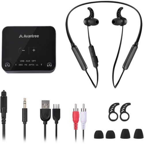  Avantree HT4186 Wireless Neckband Headphones Earbuds for TV Watching & PC with Bluetooth Transmitter Set, for Optical Digital Audio, RCA, 3.5mm AUX Ported TVs, Plug & Play, No Dela