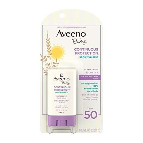  Aveeno Baby Continuous Protection Sensitive Skin Mineral Sunscreen Stick for Face with Broad Spectrum SPF 50, Zinc Oxide & Titanium Dioxide, Oil-Free & Water-Resistant, Travel-Size