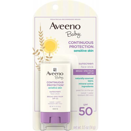  Aveeno Baby Continuous Protection Sensitive Skin Mineral Sunscreen Stick for Face with Broad Spectrum SPF 50, Zinc Oxide & Titanium Dioxide, Oil-Free & Water-Resistant, Travel-Size