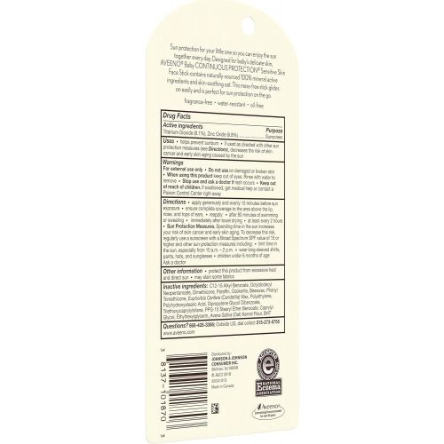  Aveeno Baby Continuous Protection Sensitive Skin Mineral Sunscreen Stick for Face with Broad Spectrum SPF 50, Zinc Oxide & Titanium Dioxide, Oil-Free & Water-Resistant, Travel-Size