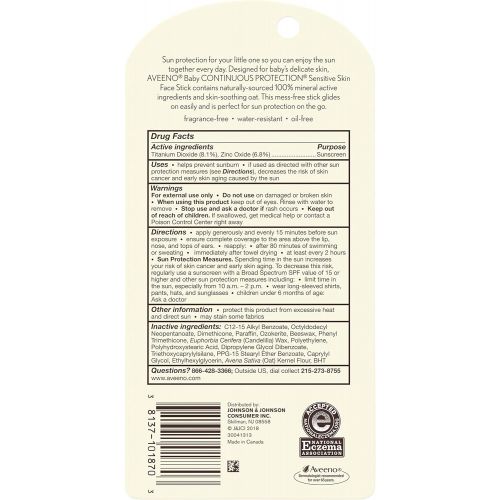  Aveeno Baby Continuous Protection Sensitive Skin Mineral Sunscreen Stick for Face with Broad Spectrum SPF 50, Zinc Oxide & Titanium Dioxide, Oil-Free & Water-Resistant, Travel-Size