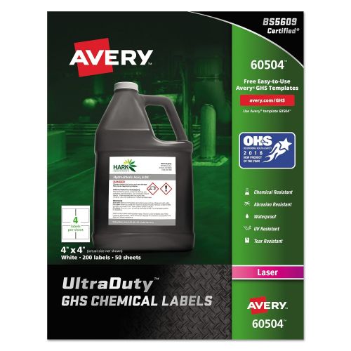  Avery UltraDuty GHS Chemical Labels for Laser Printers, Waterproof, UV Resistant, 4 x 4, 200 Pack (60504)