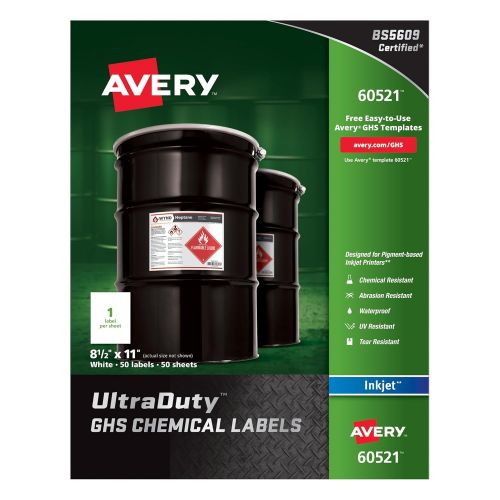  Avery Ultra Duty GHS Chemical Labels for Pigment Inkjet Printers, Waterproof, UV Resistant, 8.5 x 11 (60521)